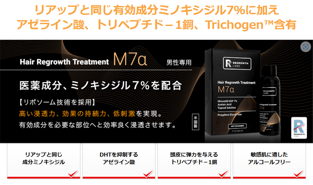Regrowth Labs® M7α（リグロースラボ）ミノキシジルを7％配合したアルコールフリー育毛剤です。また、アゼライン酸やトリペプチド－1銅、Trichogen™ブレンドも配合